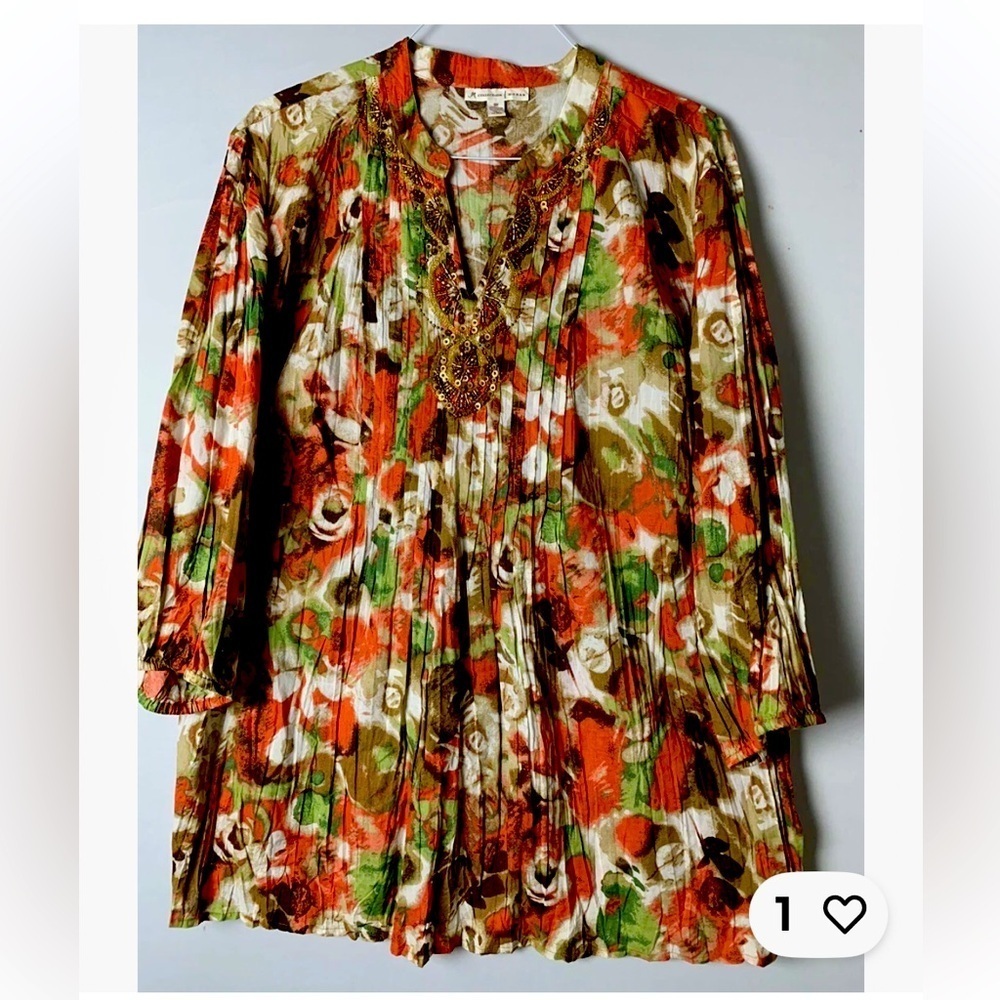 JM Collection Women’s Top Shirt Tunic 18W Wrinkle 3/4 Sleeve 100%Cotton